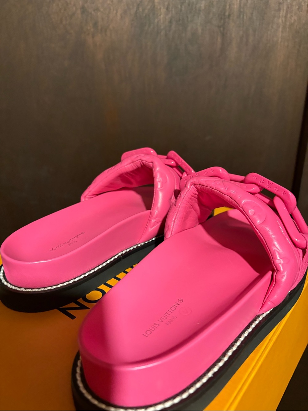 Louis Vuitton Hot Pink Leather Chain Slide Sandals - Picture 5 of 8